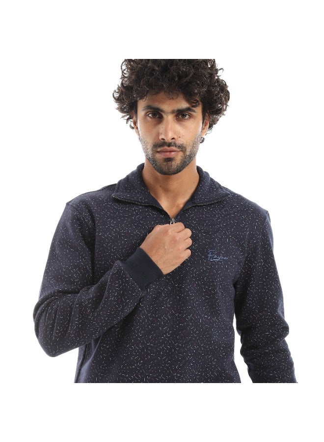 Pavone Self Pattern Zip Through Neck Sweatshirt - Navy Blue - Image 4
