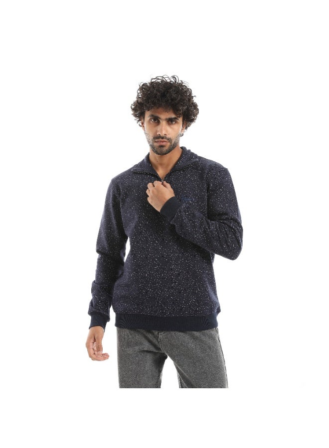 Pavone Self Pattern Zip Through Neck Sweatshirt - Navy Blue - Image 1