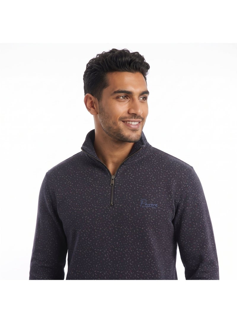 بافون Self Pattern Zip Through Neck Sweatshirt - Navy Blue - Image 5