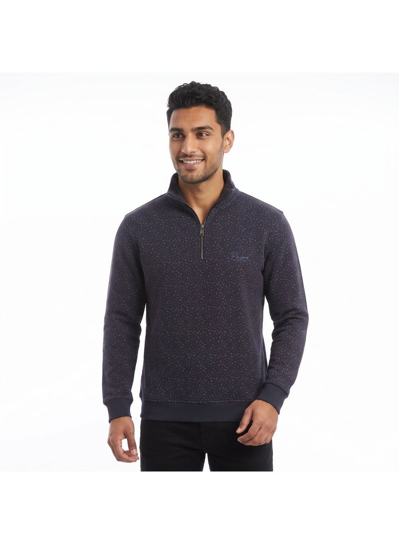 بافون Self Pattern Zip Through Neck Sweatshirt - Navy Blue - Image 1