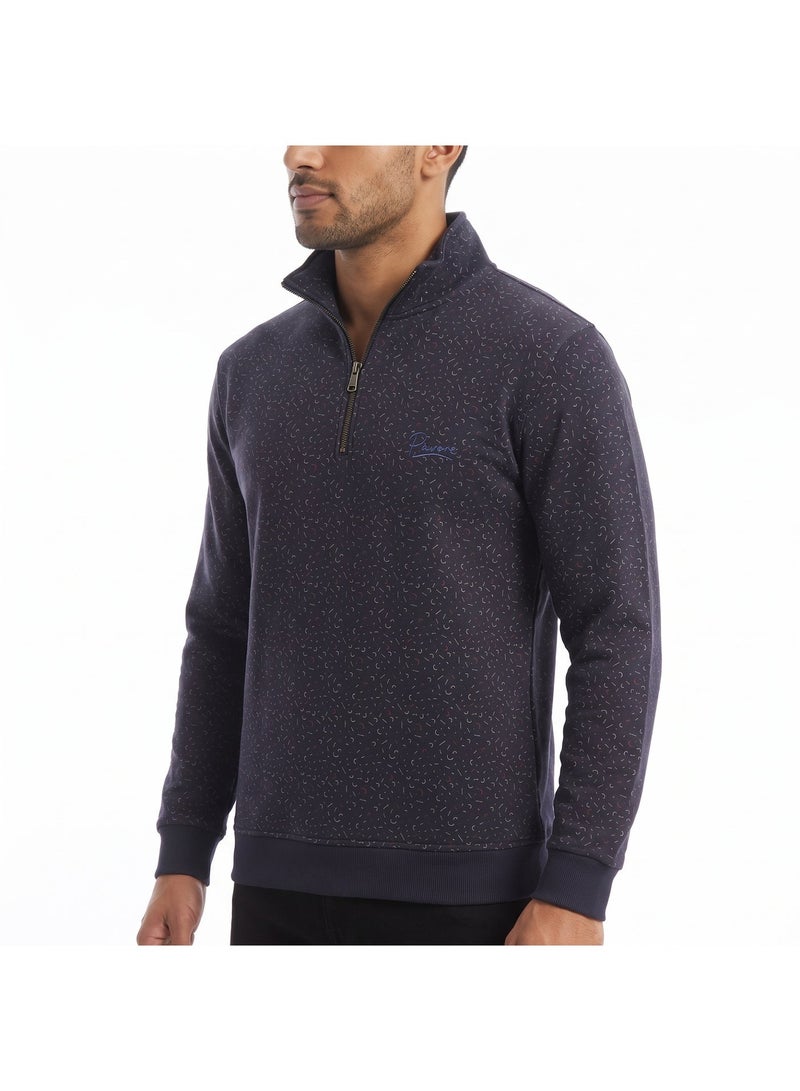 بافون Self Pattern Zip Through Neck Sweatshirt - Navy Blue - Image 4