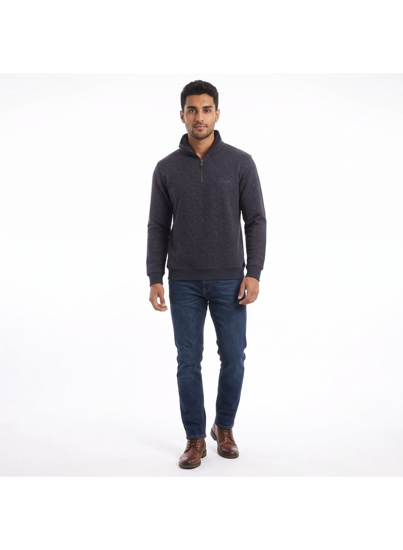 بافون Self Pattern Zip Through Neck Sweatshirt - Navy Blue - Image 3