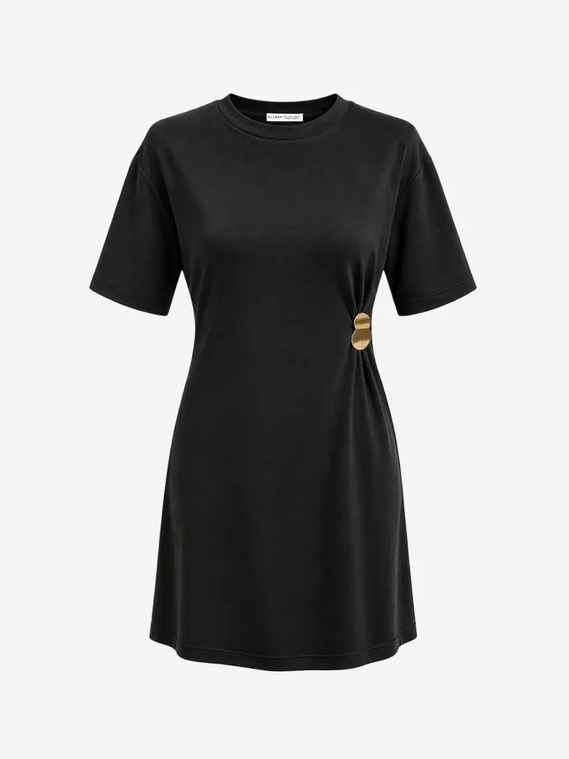 ميكسراي MIXRAY Crew Neck Mini T-Shirt Dress with Stone Accessory