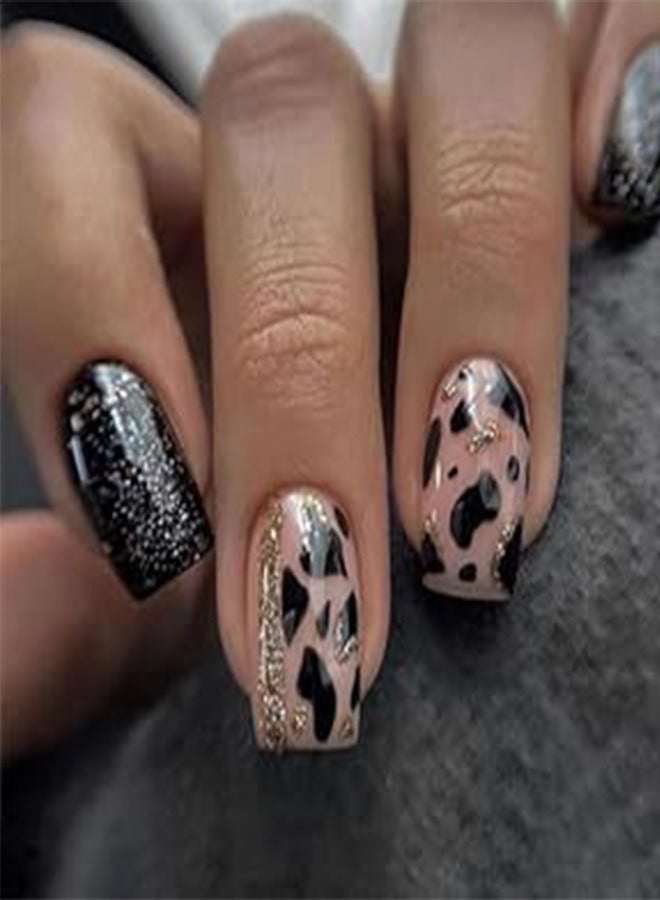 Generic 24-Pack Reusable Artificial Fake Nails for Women and Girls Decorative Gold Glitter Stripe Nail Art Fake Nails Cow Pattern Wearable Nail Nails Black Solid Color Nail Patch  - Image 1