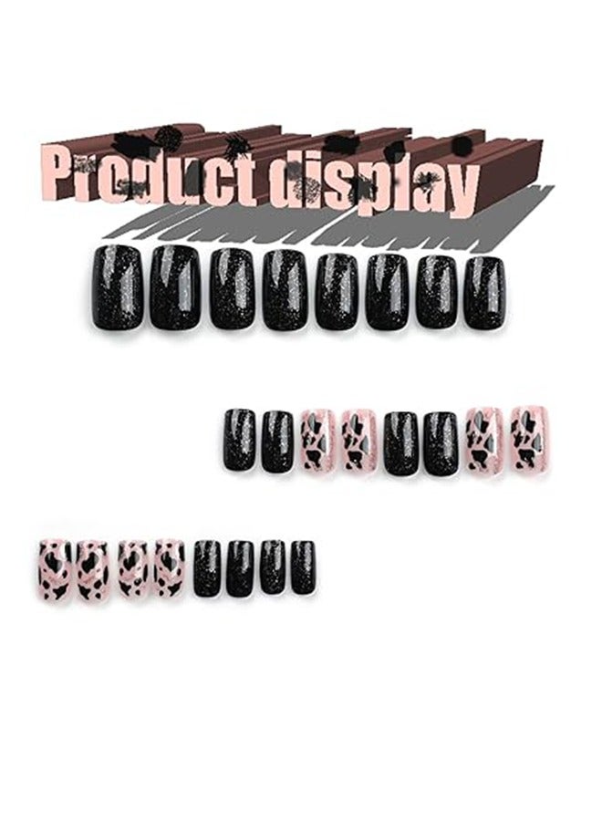 Generic 24-Pack Reusable Artificial Fake Nails for Women and Girls Decorative Gold Glitter Stripe Nail Art Fake Nails Cow Pattern Wearable Nail Nails Black Solid Color Nail Patch  - Image 3