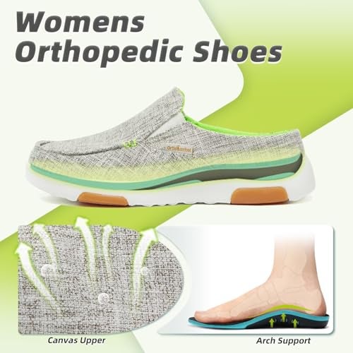 OrthoComfoot أحذية نسائية طبية سهلة الارتداء: أحذية مريحة ذات قوس ناعم، أحذية قماشية للمشي مع دعم للقوس باللون الرمادي والليموني، مقاس 8 - Image 2