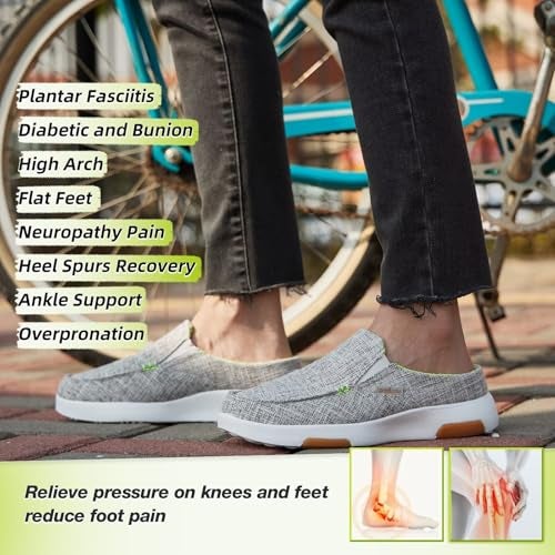 OrthoComfoot أحذية نسائية طبية سهلة الارتداء: أحذية مريحة ذات قوس ناعم، أحذية قماشية للمشي مع دعم للقوس باللون الرمادي والليموني، مقاس 8 - Image 4