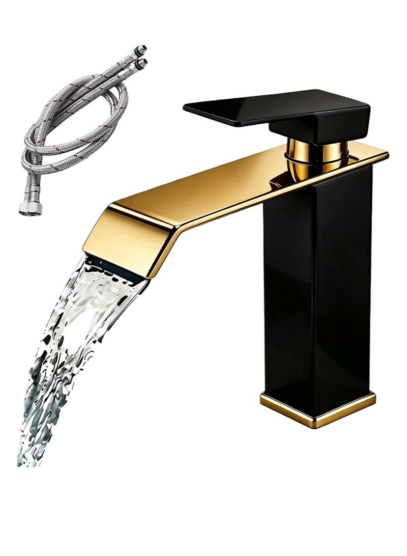 HaLunhi Stainless Steel Bathroom Faucets, Bent Waterfall-Style Bathroom Sink Faucet，Hot and Cold Water Mixing Faucets, Countertop-Mounted Modern Single-hole Bathroom Sink Faucets（Black and Gold，Free Hot and Cold Water Pipes） - Image 1