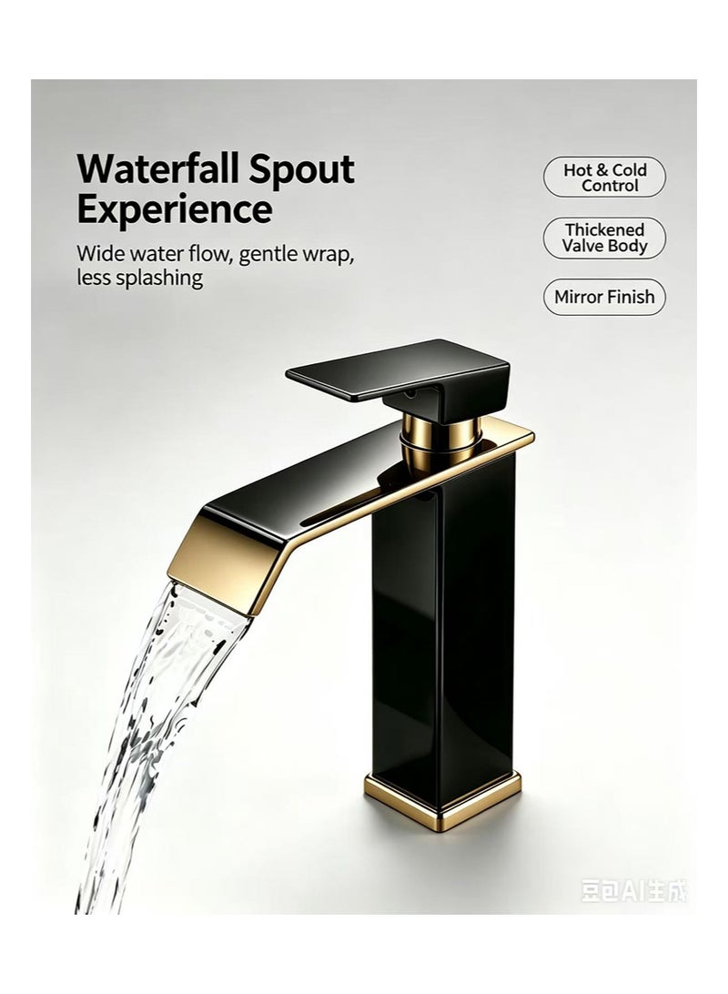 HaLunhi Stainless Steel Bathroom Faucets, Bent Waterfall-Style Bathroom Sink Faucet，Hot and Cold Water Mixing Faucets, Countertop-Mounted Modern Single-hole Bathroom Sink Faucets（Black and Gold，Free Hot and Cold Water Pipes） - Image 3