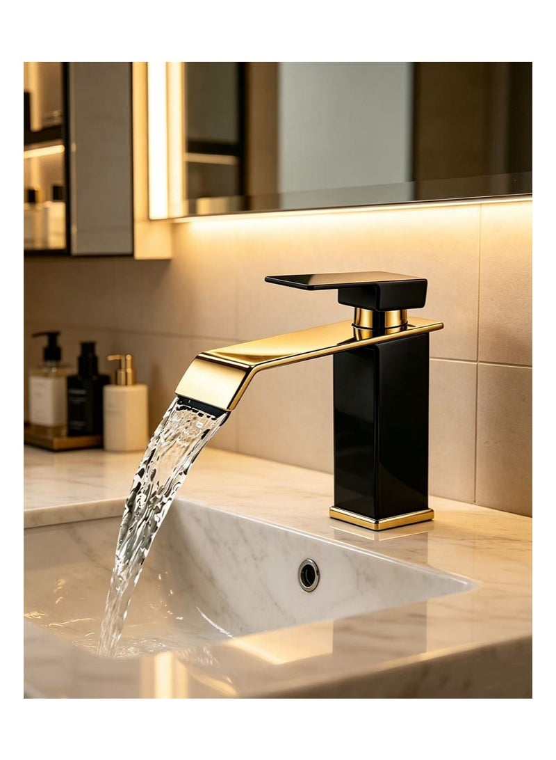 HaLunhi Stainless Steel Bathroom Faucets, Bent Waterfall-Style Bathroom Sink Faucet，Hot and Cold Water Mixing Faucets, Countertop-Mounted Modern Single-hole Bathroom Sink Faucets（Black and Gold，Free Hot and Cold Water Pipes） - Image 2