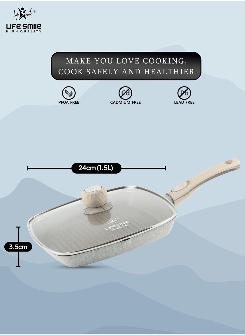 Life Smile - Granite Coated Non-Stick Grill Pan with Stay Cool Detachable Handle for Stove Tops, Square Big Grill Skillet Steak Pan for Indoor & Outdoor Gas Grill Camping & BBQ - 100% PFOA & PFAS Free - Image 1