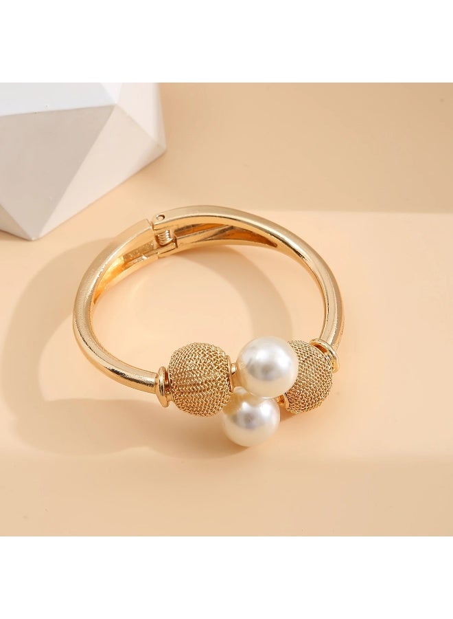 Goolsky سوار بغل مفتوح من سبائك مبالغ فيه مع لآلئ مزيفة كبيرة مجوهرات يد للنساء - Image 3