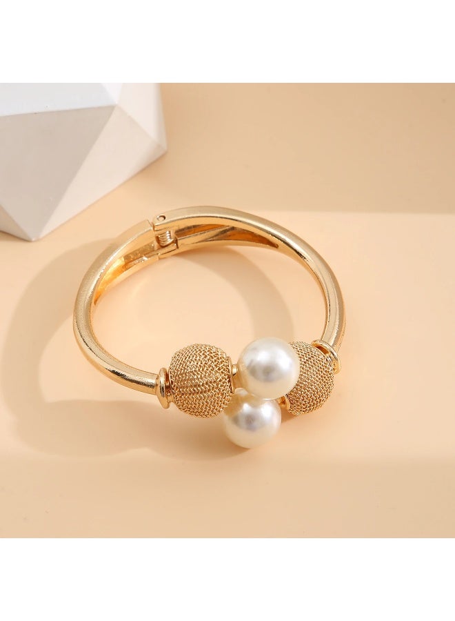 Goolsky سوار بغل مفتوح من سبائك مبالغ فيه مع لآلئ مزيفة كبيرة مجوهرات يد للنساء - Image 1