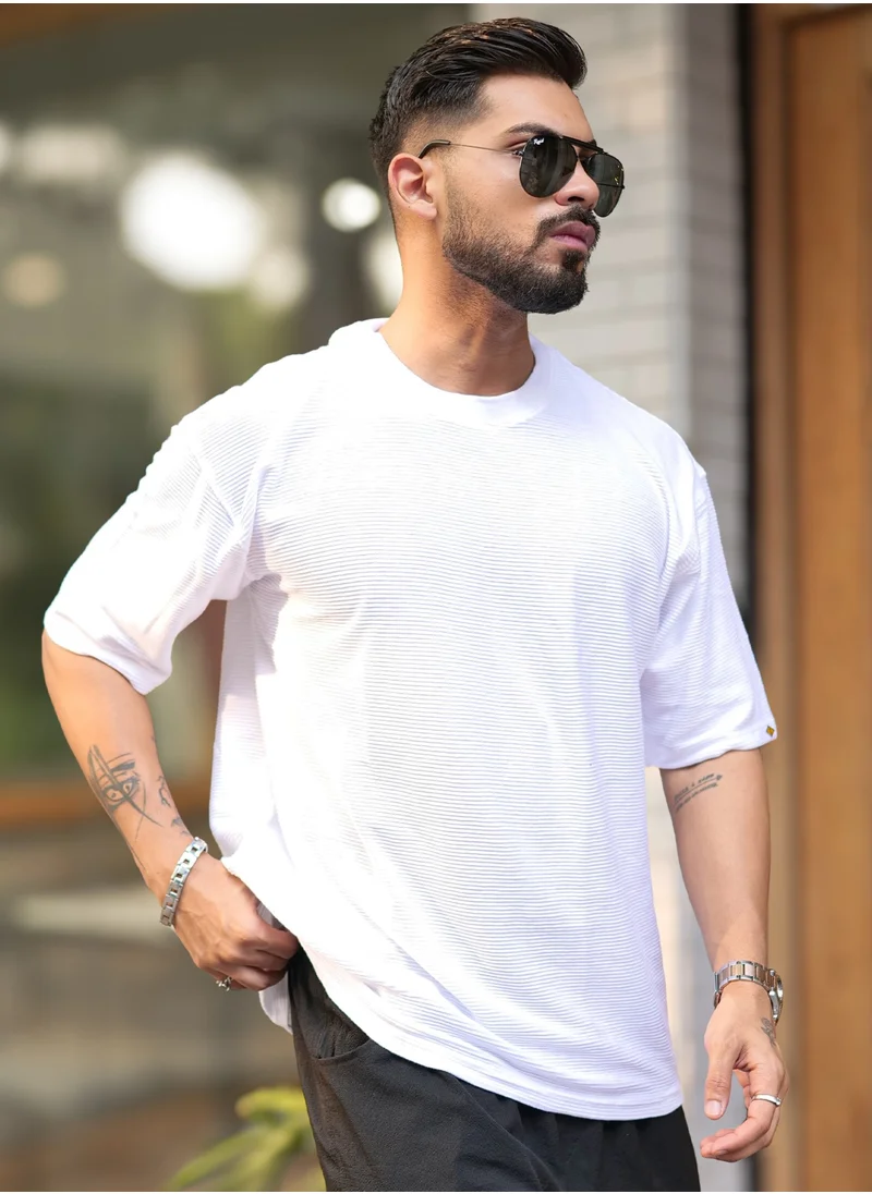 Maniac Maniac Mens Round Neck 3/4th Sleeve White Corduroy Fabric Tshirt