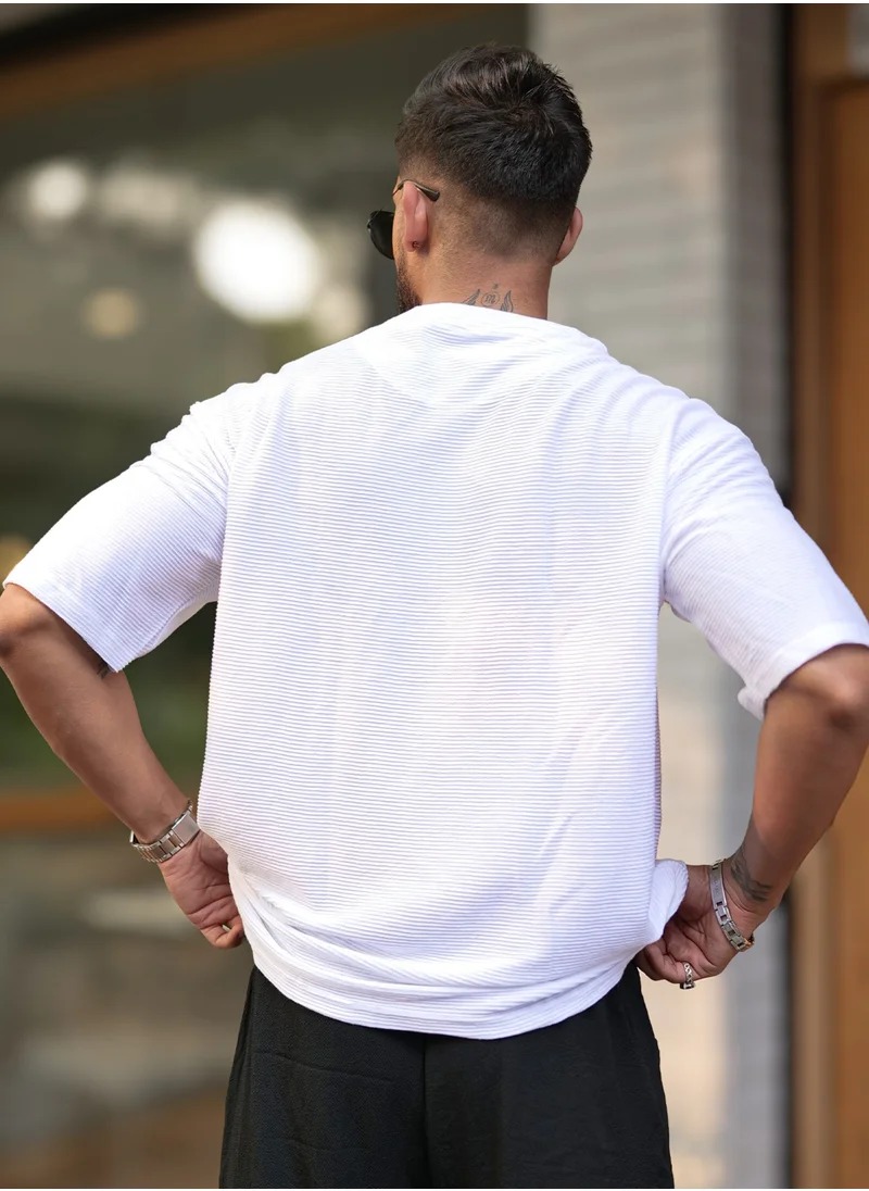 Maniac Maniac Mens Round Neck 3/4th Sleeve White Corduroy Fabric Tshirt