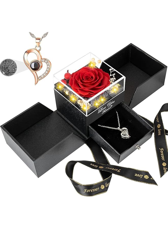 Arabest Arab Birthday Gift For Women Handmade Preserved Rose Jewelry Box Love You Necklace In 100 Languages Gift For Girlfriend Mother Wife Anniversary Valentine'S Day Mother'S Day Red  - Image 1