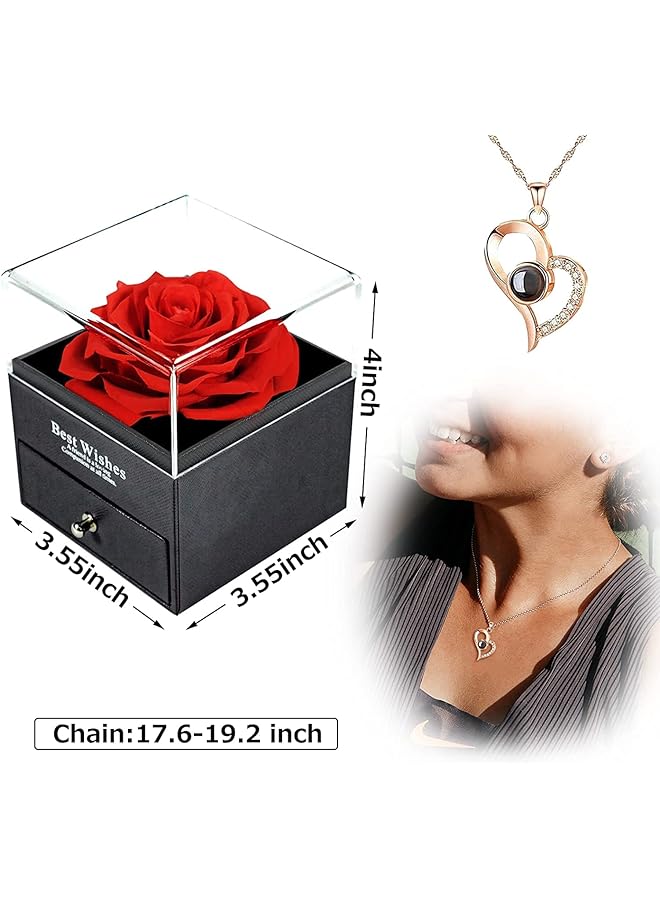 Arabest Arab Birthday Gift For Women Handmade Preserved Rose Jewelry Box Love You Necklace In 100 Languages Gift For Girlfriend Mother Wife Anniversary Valentine'S Day Mother'S Day Red  - Image 2