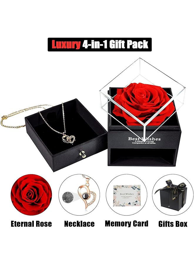 Arabest Arab Birthday Gift For Women Handmade Preserved Rose Jewelry Box Love You Necklace In 100 Languages Gift For Girlfriend Mother Wife Anniversary Valentine'S Day Mother'S Day Red  - Image 3