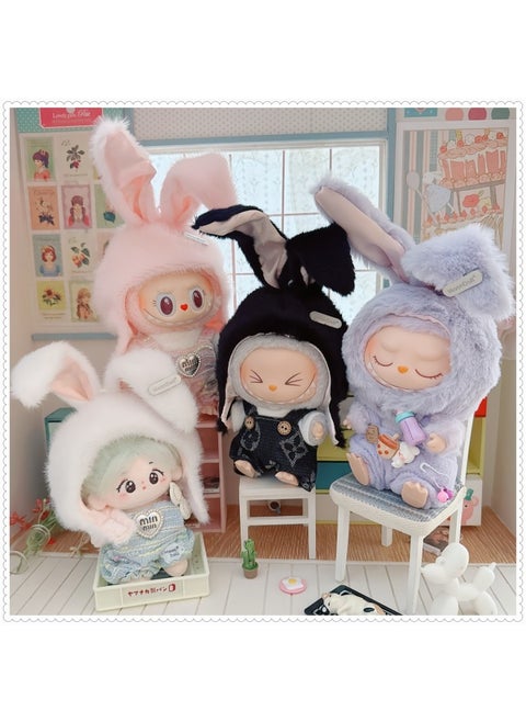 The First And Second Generation Labubu Doll Clothes 17cm Labubu Cloth 10cm Cotton Doll Rabbit Small House Plush Hat Cute Rabbit Hat-Specifications:Small-Color:Rabbit Xiaozhai Hat Purple