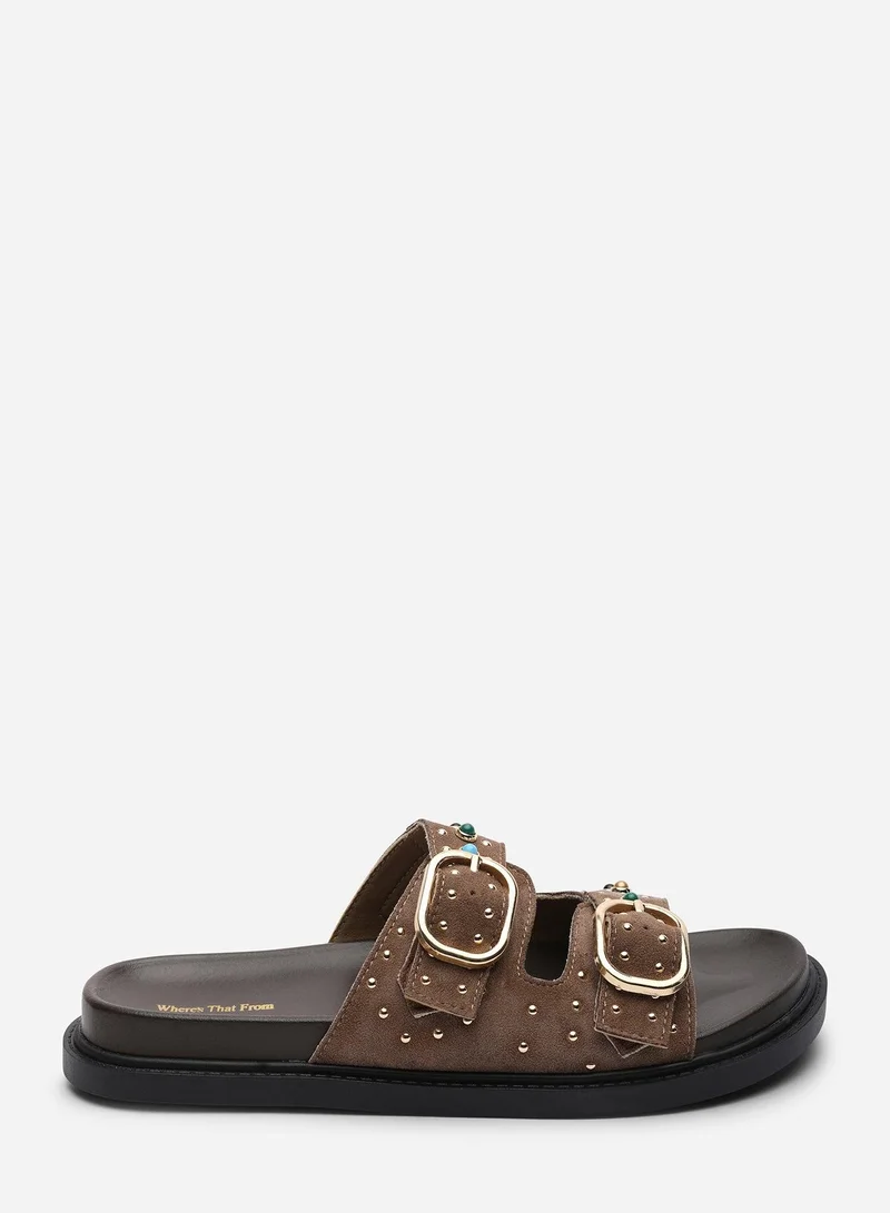 ويرز ذات فروم Ceylon Diamante Stud Double Buckle Camel Suede Slide On Sandal