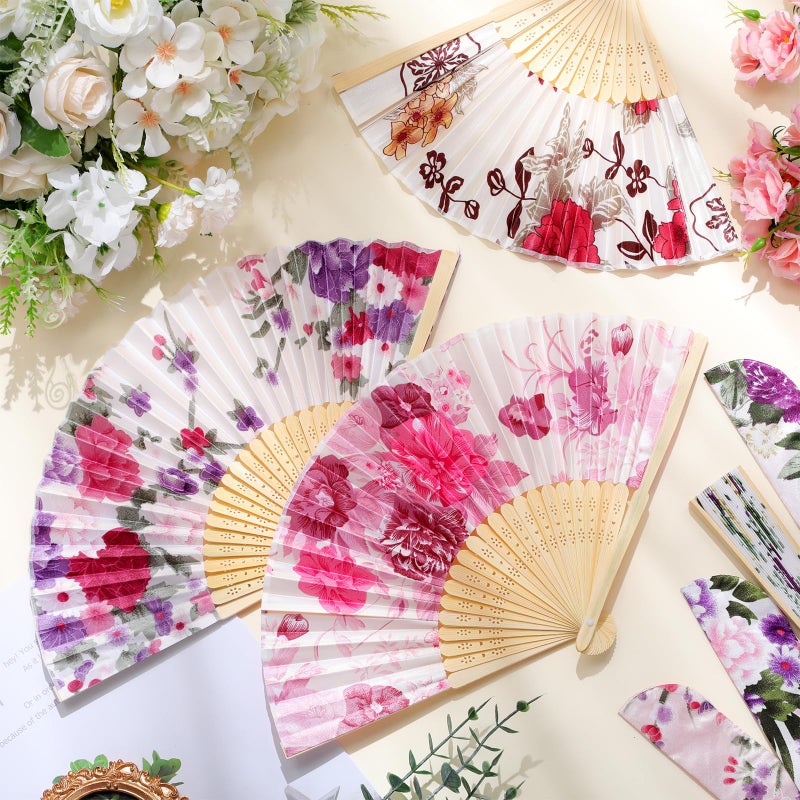 Zonon 4 Pack Handheld Floral Folding Fans Hand Held Silk Bamboo Fans with Tassel Women Hollowed Hand Foldable Fan with Fabric Sleeve for Dancing Wedding Decoration Gifts(Spring Flowers) - Image 5