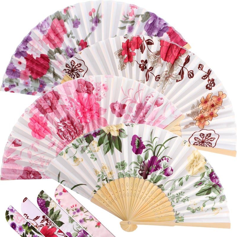 Zonon 4 Pack Handheld Floral Folding Fans Hand Held Silk Bamboo Fans with Tassel Women Hollowed Hand Foldable Fan with Fabric Sleeve for Dancing Wedding Decoration Gifts(Spring Flowers) - Image 1
