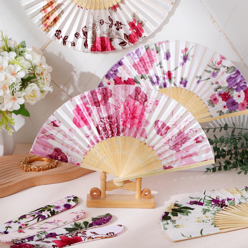 Zonon 4 Pack Handheld Floral Folding Fans Hand Held Silk Bamboo Fans with Tassel Women Hollowed Hand Foldable Fan with Fabric Sleeve for Dancing Wedding Decoration Gifts(Spring Flowers) - Image 2