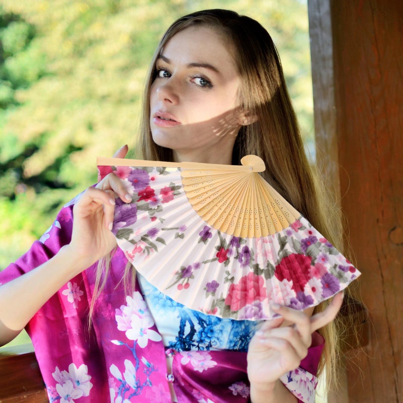 Zonon 4 Pack Handheld Floral Folding Fans Hand Held Silk Bamboo Fans with Tassel Women Hollowed Hand Foldable Fan with Fabric Sleeve for Dancing Wedding Decoration Gifts(Spring Flowers) - Image 4