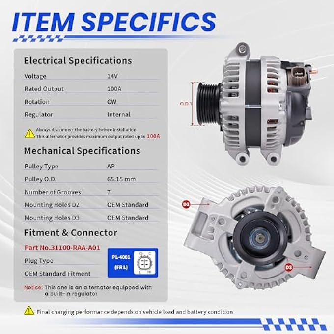 TSSLIIN High Output Alternator for-Honda Accord 2003-2007, Civic 2006-2010, CR-V 2007-2009, Element 2003-2009, For-Acura CSX 2006-2008, TSX 2004-2008, 100Amp CW 7-Groove Upgraded OE# 31100-RAA-A01 - Image 3