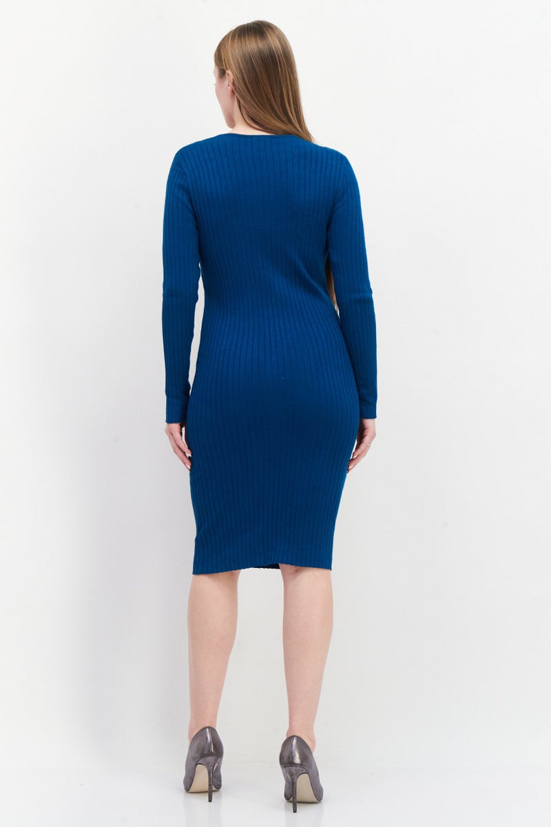 Taylor Women Ribbed Midi  Sweater Dress, Teal Blue - Image 3