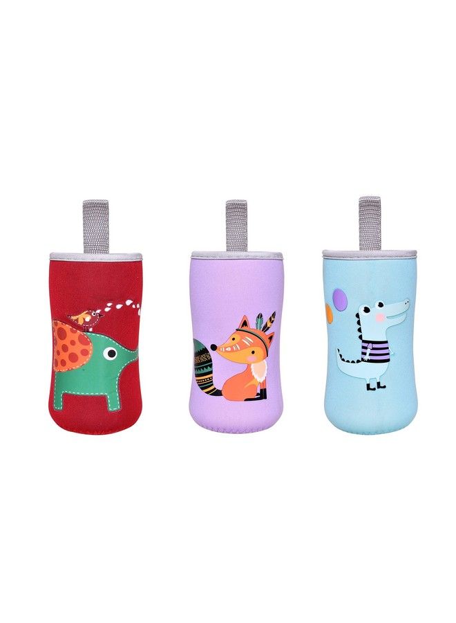 The Little Lookers Cute Animated Patterned Soft Stretchable Baby Feeding Bottle Cover With Easy To Hold Strap For 120Ml 150Ml 200Ml (Elephant Fox & Dinosaur Pack Of 3)
