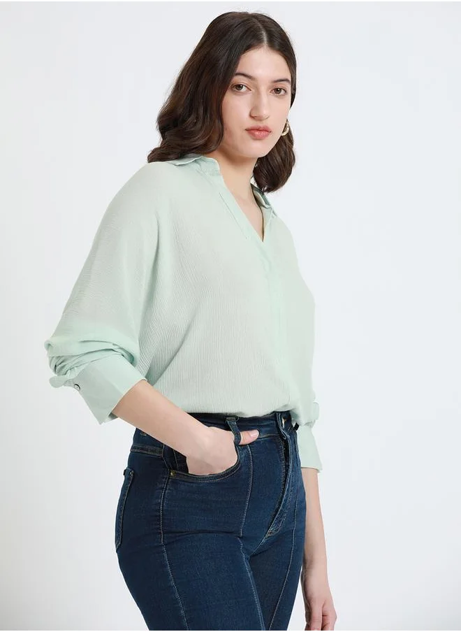 Dennis Lingo Mint Relaxed Fit Shirt for Women - Viscose Crepe, Full Sleeves, Shirt Collar, Solid, Casual,