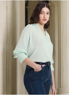 Dennis Lingo Mint Relaxed Fit Shirt for Women - Viscose Crepe, Full Sleeves, Shirt Collar, Solid, Casual,  - Image 1