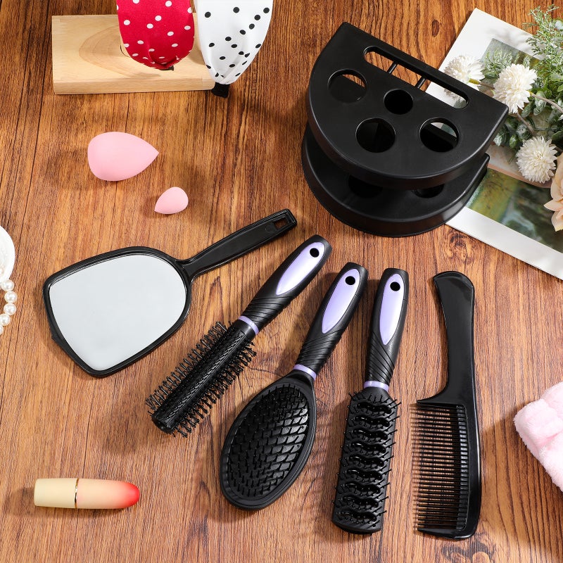 💄 خمس قطع مشط ومر ا ومجموعة فراشي تصفيف الشعر مع فرشاة مضادة للكهرباء الساكنة للعن ة بالشعر لون بنفسجي - Image 5