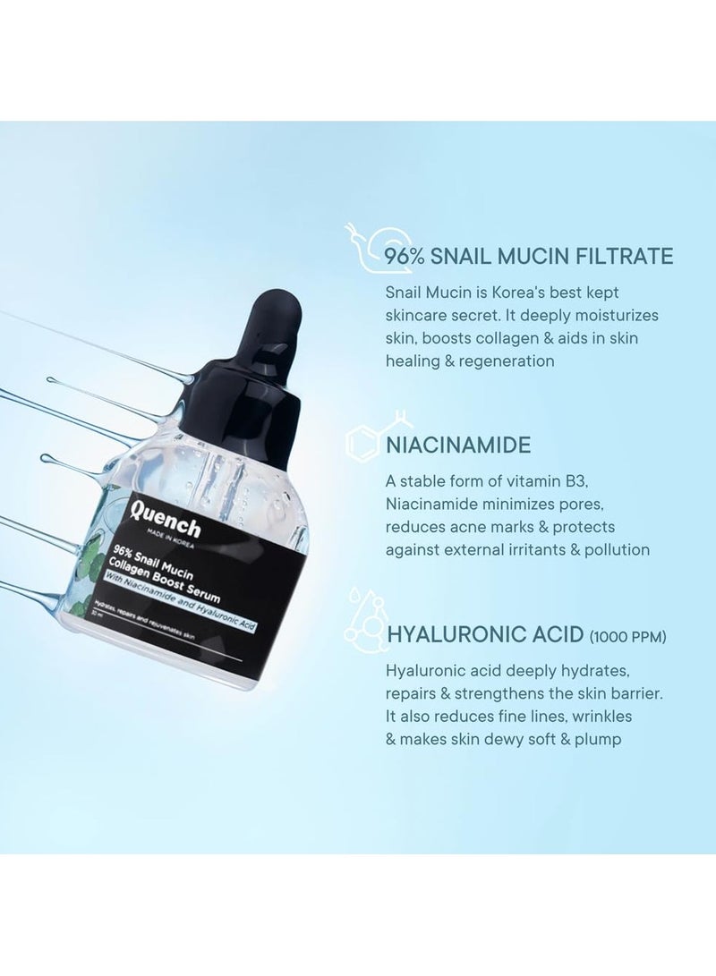 Quench 96% Snail Mucin Collagen Boost Serum With Niacinamide & Hyaluronic Acid |72 Hours Hydration|Formulated & Made In Korea | Dewy Soft & Plump Skin | Prevents Early Signs Of Ageing (30Ml) - Image 4