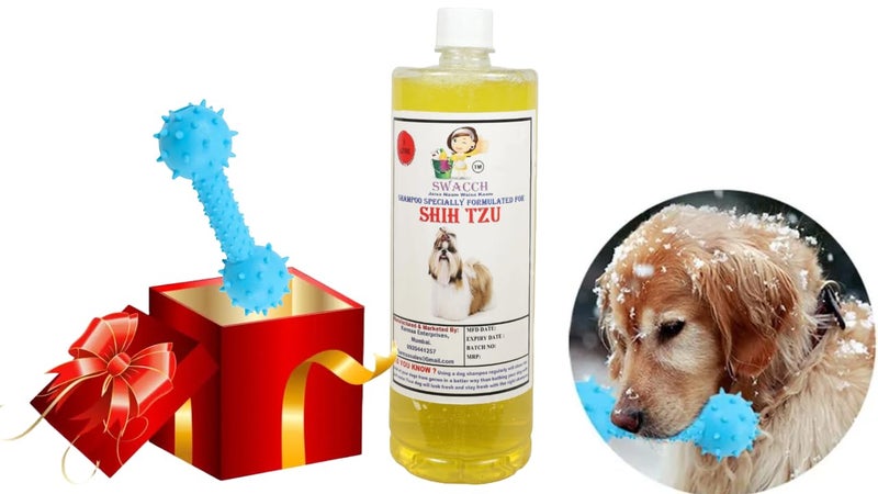 swacch Shih Tzu Dog Shampoo + Dumbbell Toy I Durable Rubber Dog Toy for Chewing I Playing, Teeth Cleaning & Training Toy I Combo Pack I 1 Litre Lemon - Image 1