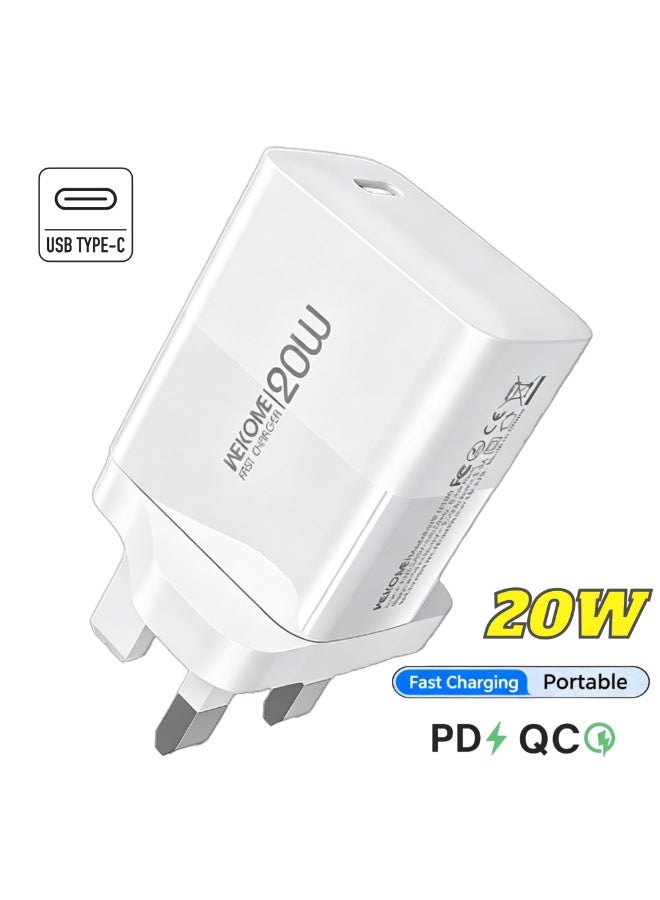 WEKOME 20W PD QC Fast Wall Charger UK 3-Pin, Multi-Protection USB C Power Adapter for Smartphones Tablets and Small Electronic Devices - Image 1