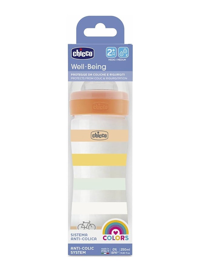 Chicco Well-Being Silicone Plastic Feeding Bottle 250 ML, Medium Flow, 2M+, Orange  - Image 2