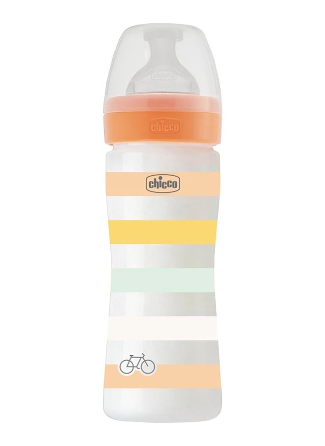 Chicco Well-Being Silicone Plastic Feeding Bottle 250 ML, Medium Flow, 2M+, Orange  - Image 1