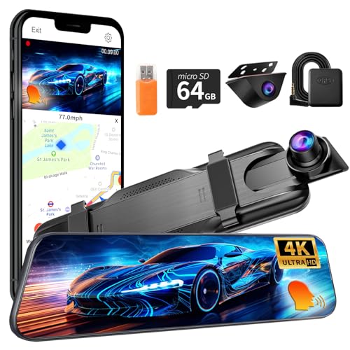 QOZ 4K Mirror Dash Cam Front and Rear, Voice Control Rear View Mirror Camera, 10'' Dashcam for Cars with ADAS and BSD, GPS, 64GB Card Included, WDR Night Vision, G-Sensor, 24 Parking Monitor - Image 1