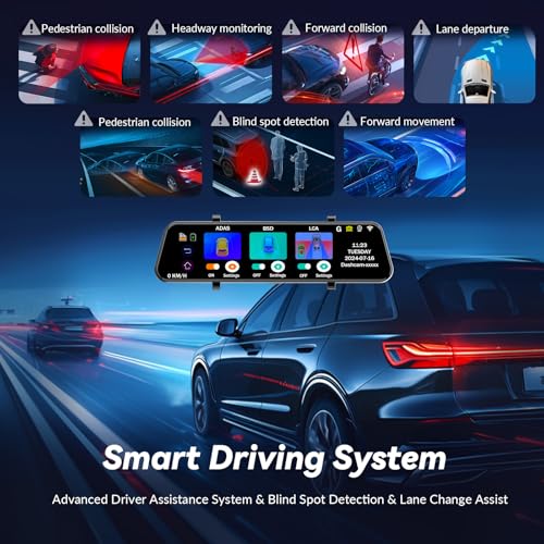 QOZ 4K Mirror Dash Cam Front and Rear, Voice Control Rear View Mirror Camera, 10'' Dashcam for Cars with ADAS and BSD, GPS, 64GB Card Included, WDR Night Vision, G-Sensor, 24 Parking Monitor - Image 2