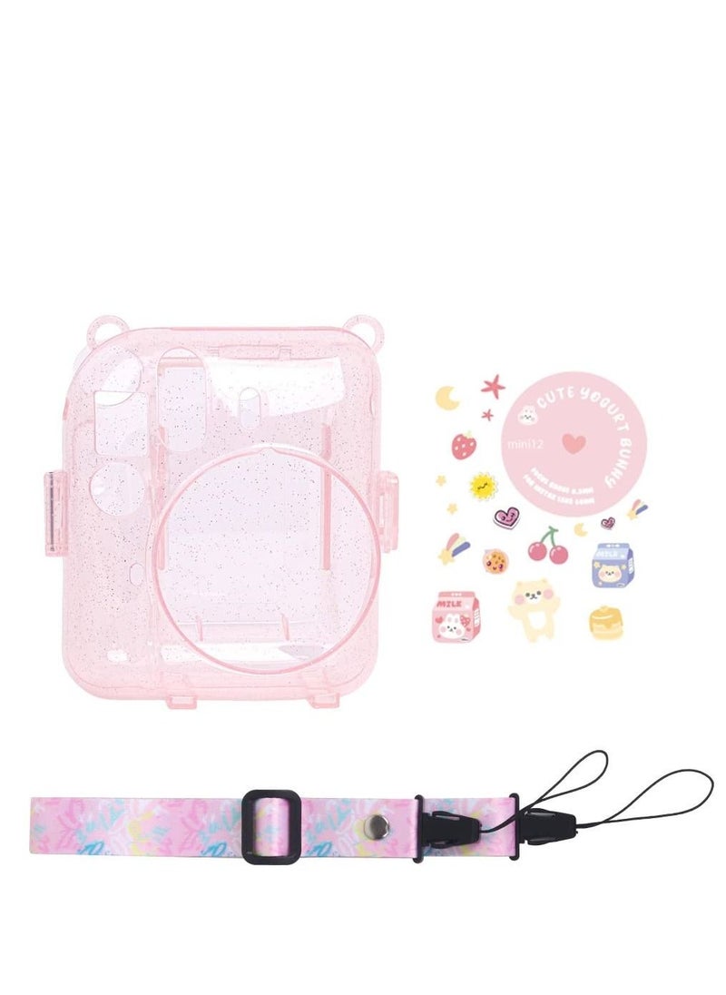 Generic Transparent Glitter Crystal Case for Fujifilm Instax Mini 12 Camera Adjustable PC Camera Protective Case with Upgraded Films Pocket Pouch for Storing Photos (Pink)  - Image 1