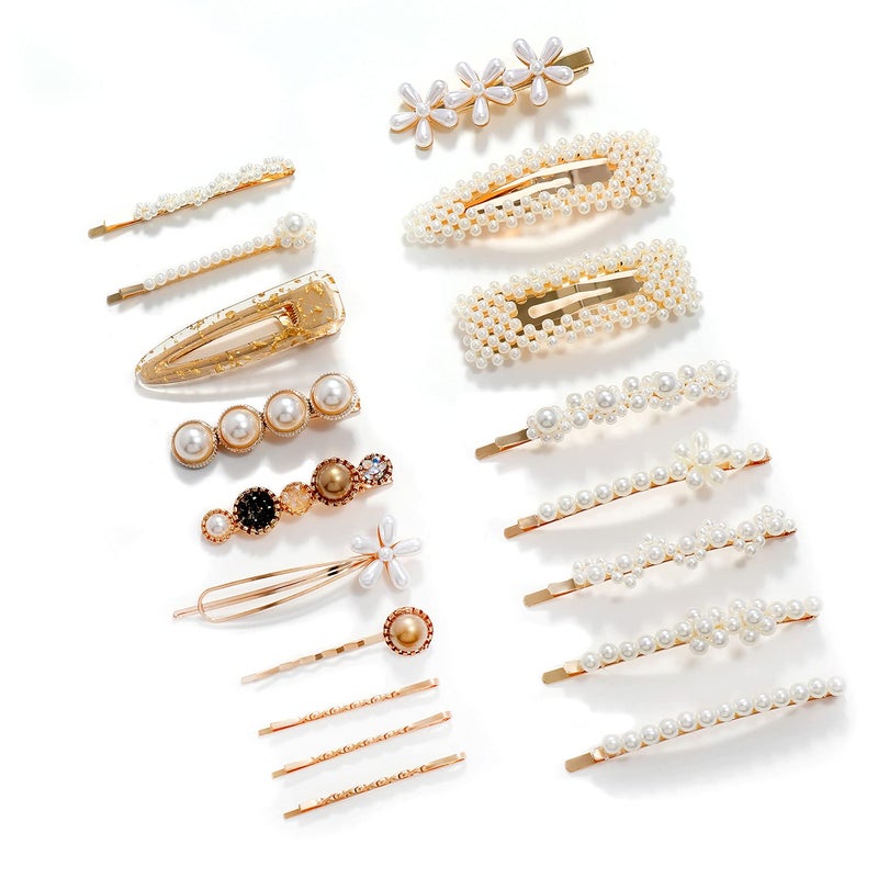 OTURGC Women Hair Accessories 18PCS Handmade Simulation Pearl Barrettes Clip Set Geometric Flower Bobby hairpin Girls Headwear