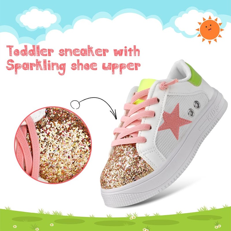 Qimaoo Girls Sneakers Glitter Tennis Shoes Lightweight Non-Slip Running Walking Shoes for Toddler/Little Kid/Big Kid White-Pink - Image 4