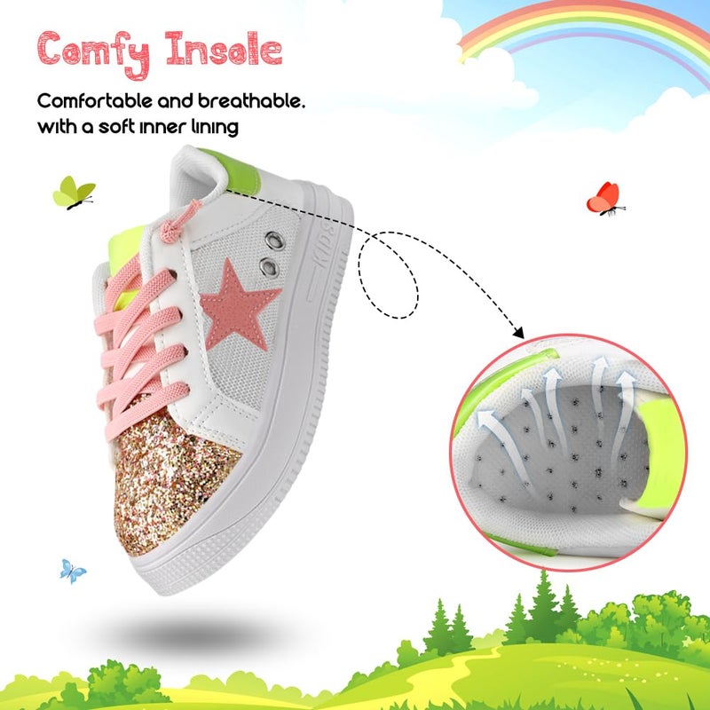 Qimaoo Girls Sneakers Glitter Tennis Shoes Lightweight Non-Slip Running Walking Shoes for Toddler/Little Kid/Big Kid White-Pink - Image 5