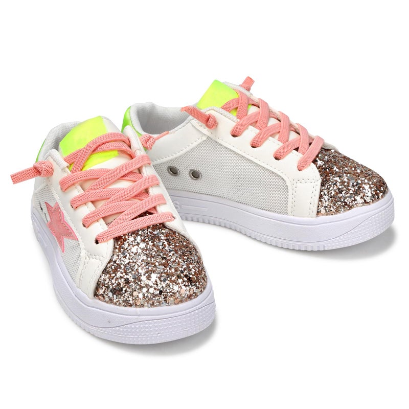 Qimaoo Girls Sneakers Glitter Tennis Shoes Lightweight Non-Slip Running Walking Shoes for Toddler/Little Kid/Big Kid White-Pink - Image 2
