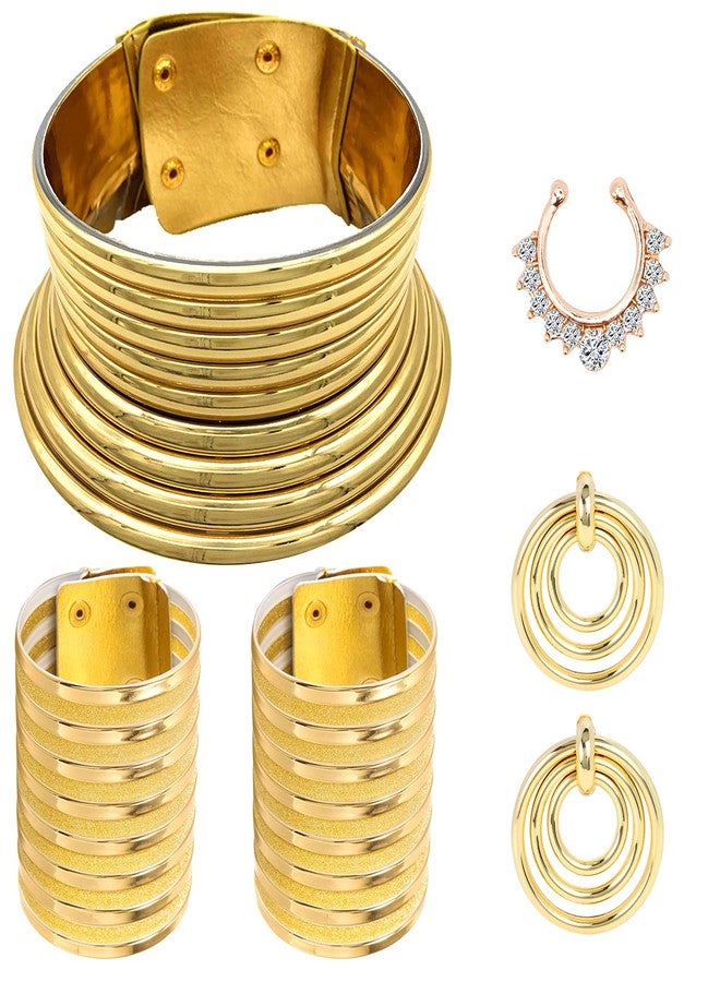 Beupy 6 Pieces Gold African National Tribal Costume Accessories Set Long Neck Collar Necklaces Metal Bracelet Gothic Chunky Nose Hoop Chain Swirl Earrings African Jewelry Set for Women - Image 1