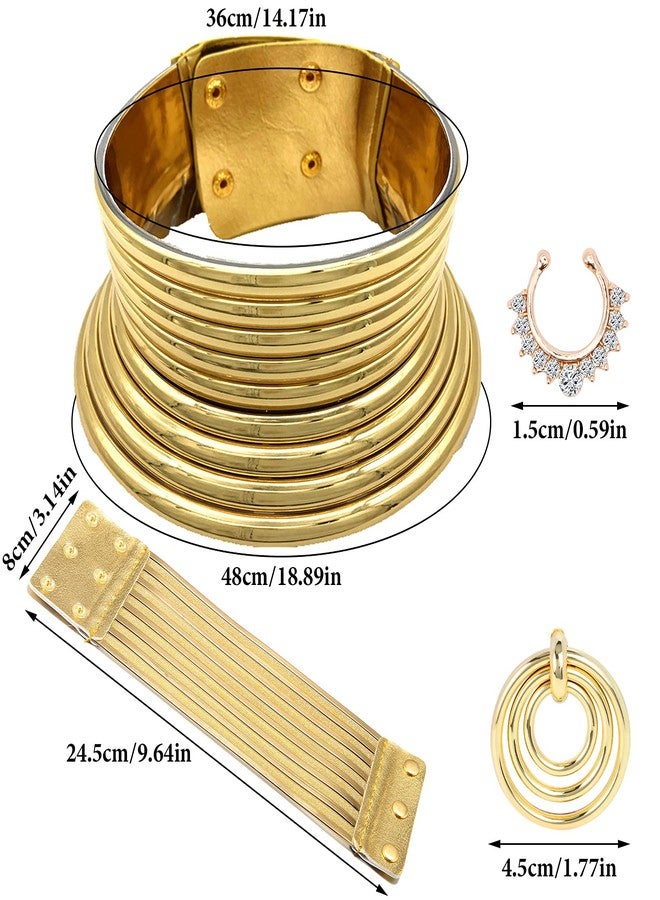 Beupy 6 Pieces Gold African National Tribal Costume Accessories Set Long Neck Collar Necklaces Metal Bracelet Gothic Chunky Nose Hoop Chain Swirl Earrings African Jewelry Set for Women - Image 3