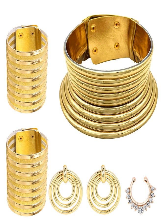 Beupy 6 Pieces Gold African National Tribal Costume Accessories Set Long Neck Collar Necklaces Metal Bracelet Gothic Chunky Nose Hoop Chain Swirl Earrings African Jewelry Set for Women - Image 2