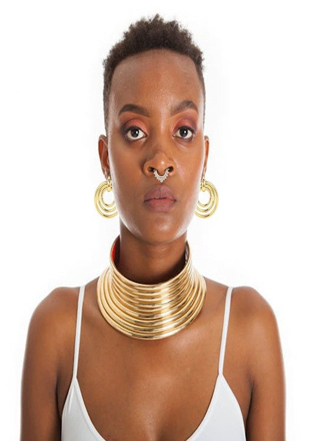 Beupy 6 Pieces Gold African National Tribal Costume Accessories Set Long Neck Collar Necklaces Metal Bracelet Gothic Chunky Nose Hoop Chain Swirl Earrings African Jewelry Set for Women - Image 5